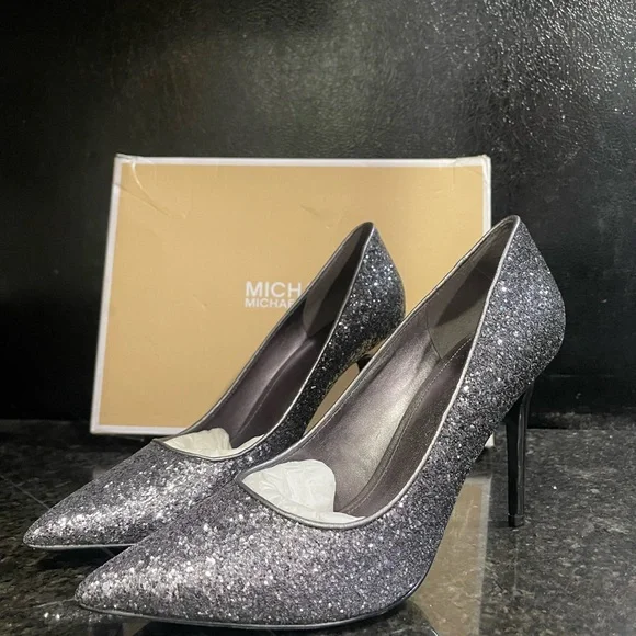 Michael Kors Sparkling Silver Claire Gunmetal Heels Pumps - Picture 2 of 8